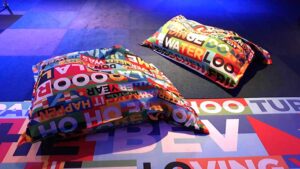 two bean bags with Eurovision lyrics 